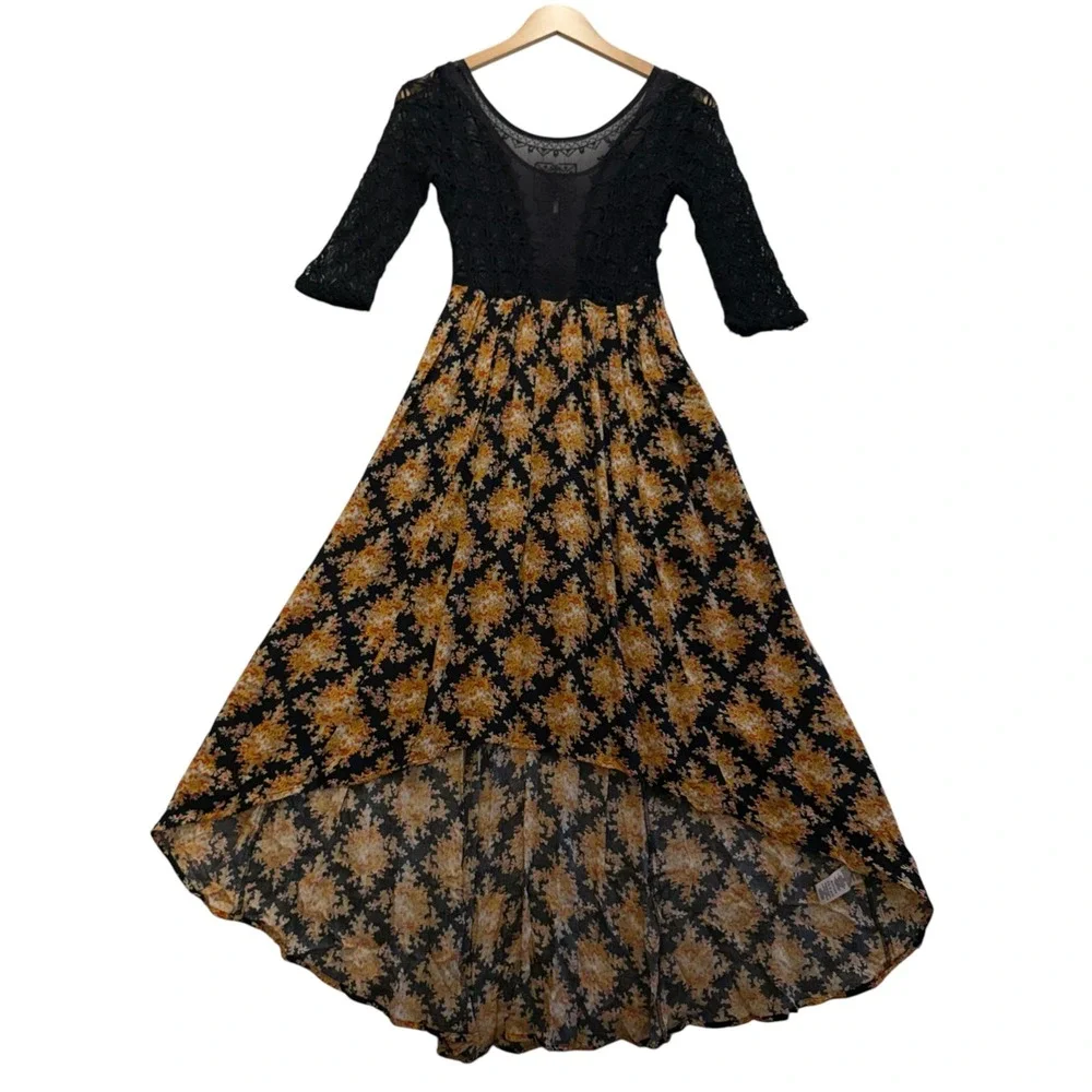Free People Lonesome Dove High Low Floral Lace Black Yellow Boho Dress Size 0 - Picture 2 of 8